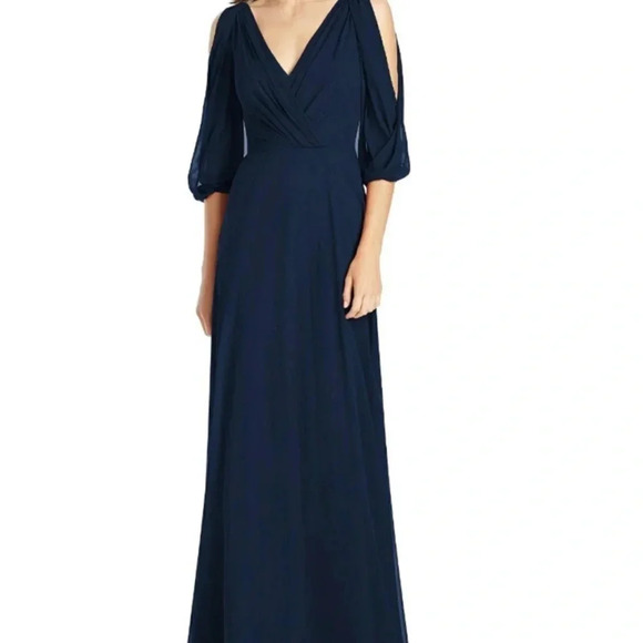 Jenny Packham 3/4 Sleeve Navy Blue Chiffon V-Neck Floor Length Gown Size 8 NWT - Picture 1 of 14